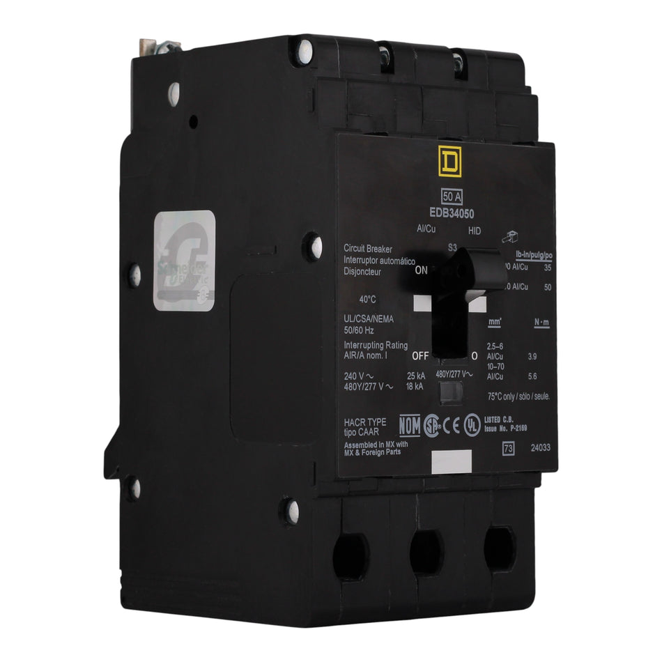Square D E-Frame EDB34050 50A 3P 480Y/277V Thermal-Magnetic Bolt-On Circuit Breaker