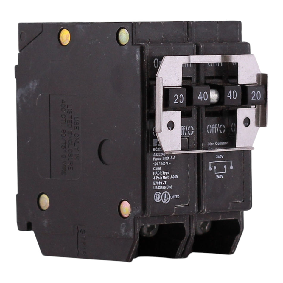 Eaton BR, BQ220240, 20A/40A, 4P, 120/240V, 10kA, Quadplex, Plug-On, CTL, Circuit Breaker