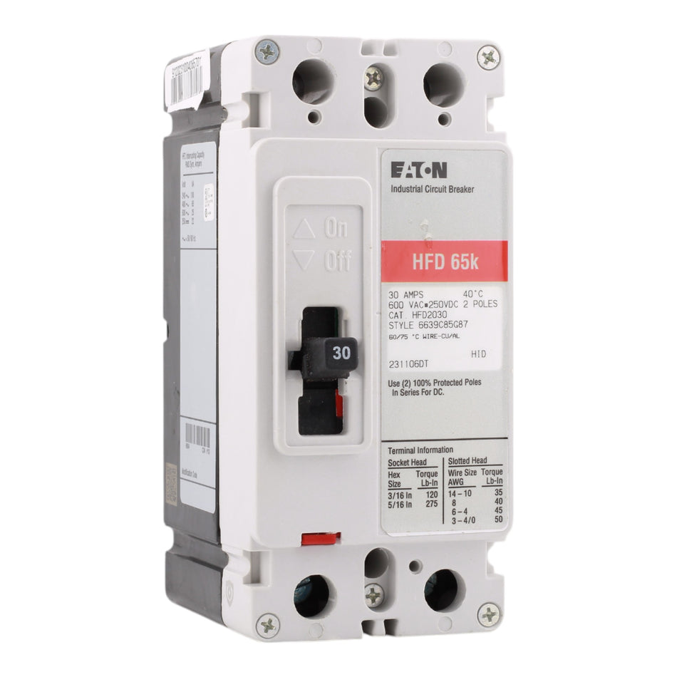 Eaton HFD2030 Molded Case Circuit Breaker, 30A, 600V AC, 250V DC, 2-Pole, 65 kAIC, F-Frame