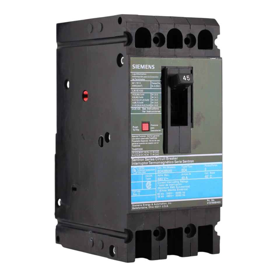 Siemens Sentron, ED43B045L, 45A, 3P, 480V, Thermal Magnetic, Lug, Circuit Breaker