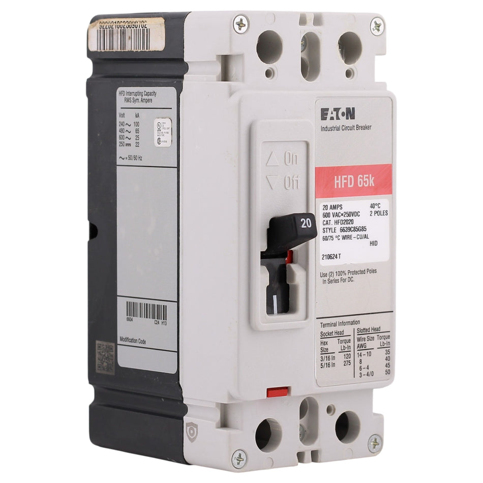 Eaton Series C, HFD2020, 20A, 2P, 600V, Molded Case Circuit Breaker
