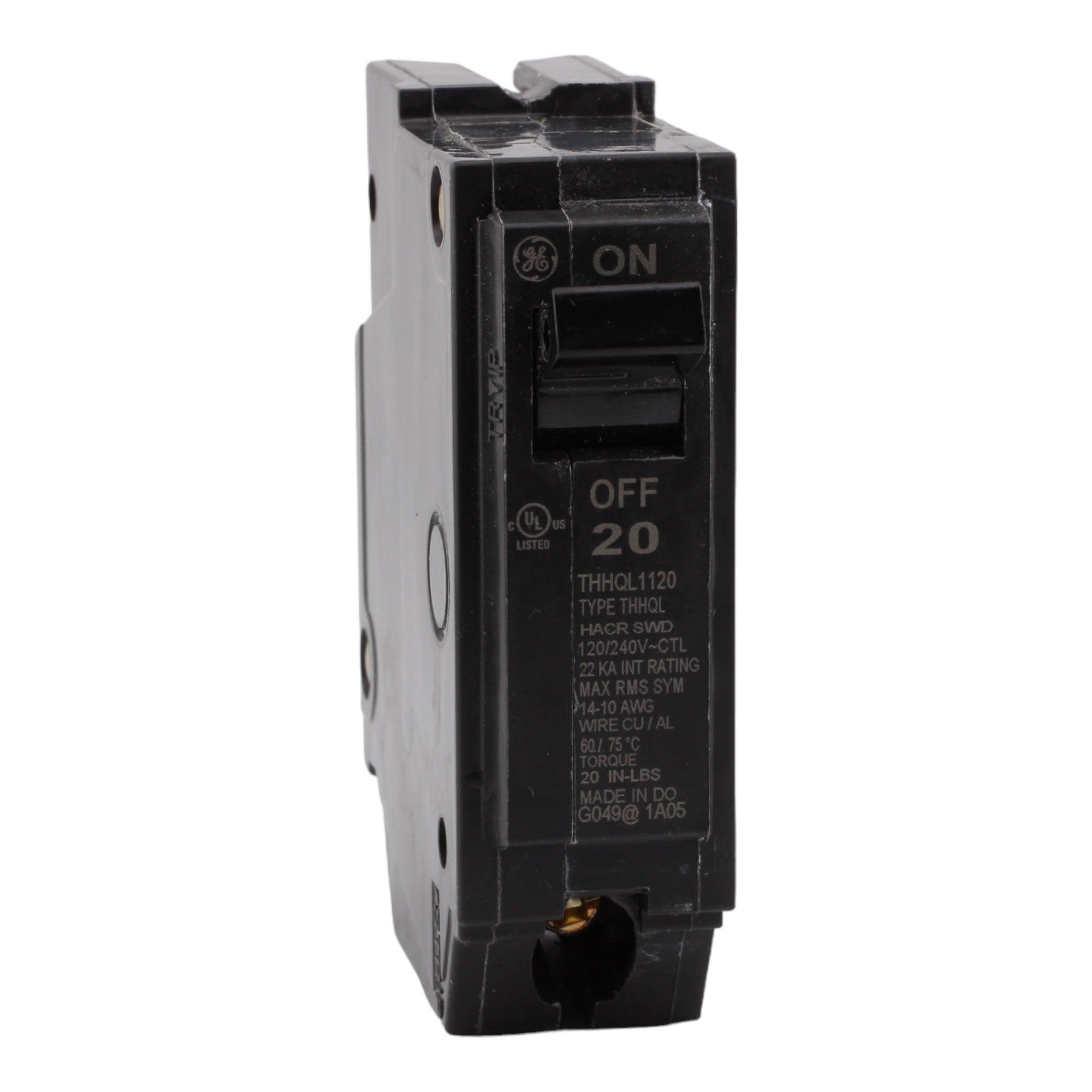 GE THHQL1120 20 Amp Single-Pole Circuit Breaker - 120/240V, 10kA, Plug-On, UL Listed