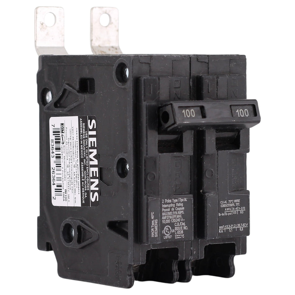 Siemens BL, B2100, 100A, 2P, 120/240V, Thermal-Magnetic, Bolt-On, Circuit Breaker