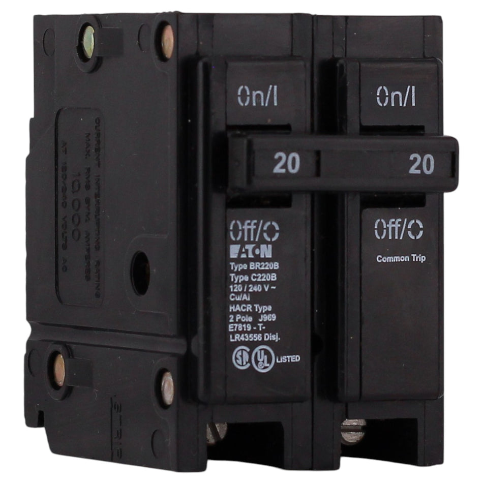 Eaton BR, BR220B, 20A, 2P, 120/240V, 10kA, Plug-On, Thermal-Magnetic, Special Application, Circuit Breaker