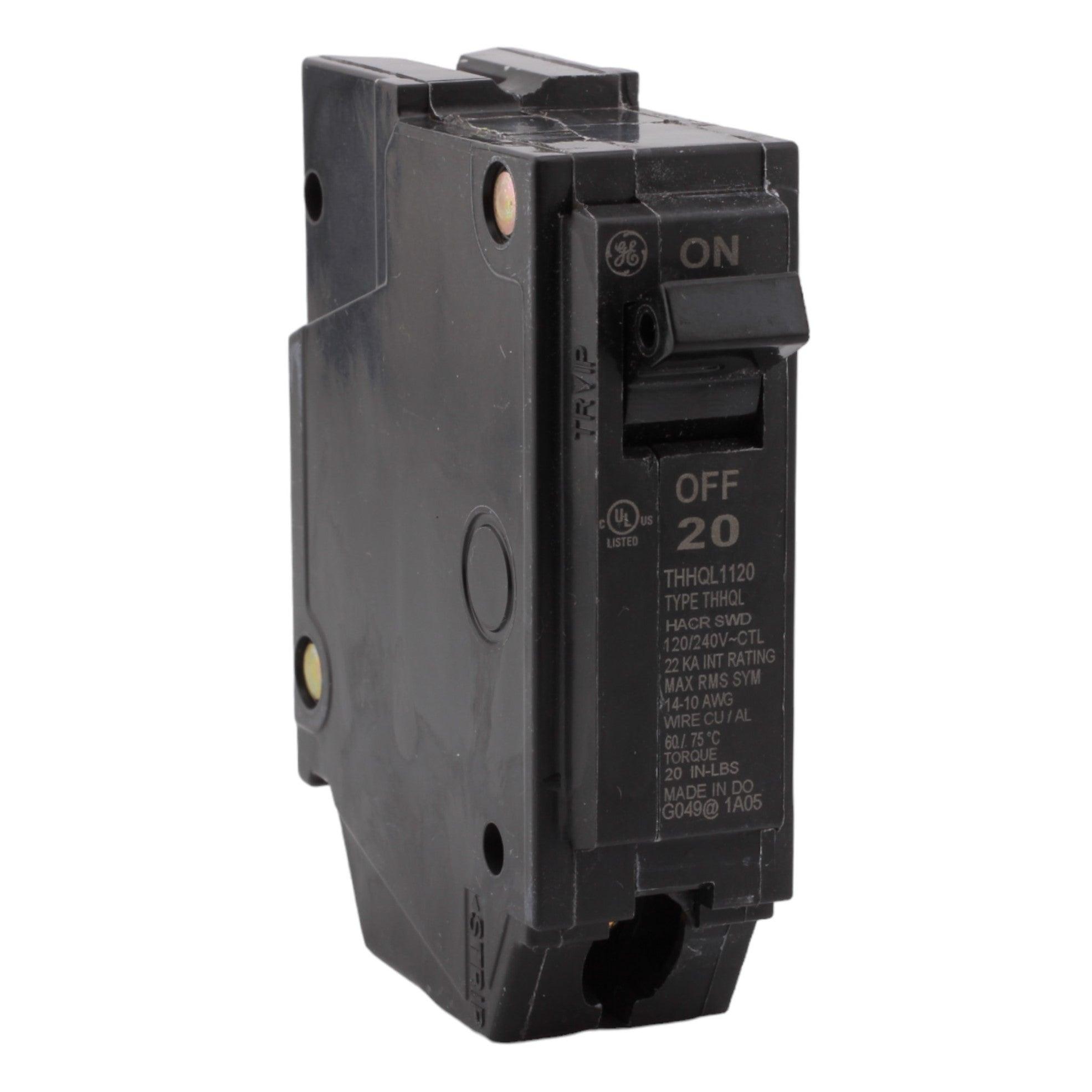 GE THHQL1120 20 Amp Single-Pole Circuit Breaker - 120/240V, 10kA, Plug-On, UL Listed