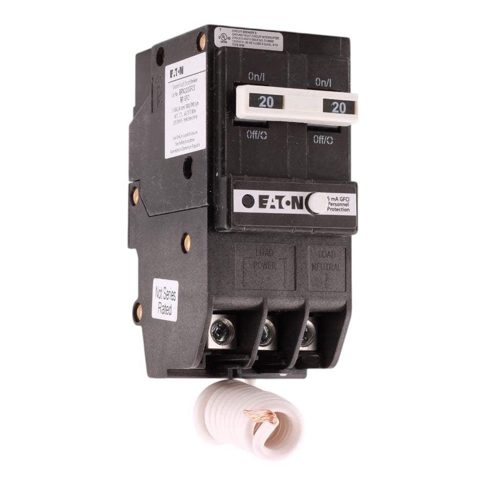 Eaton BRN220GFCS 20A 120/240V 2-Pole GFCI Circuit Breaker for BR Loadcenters, Pigtail Neutral, Ground Fault Protection