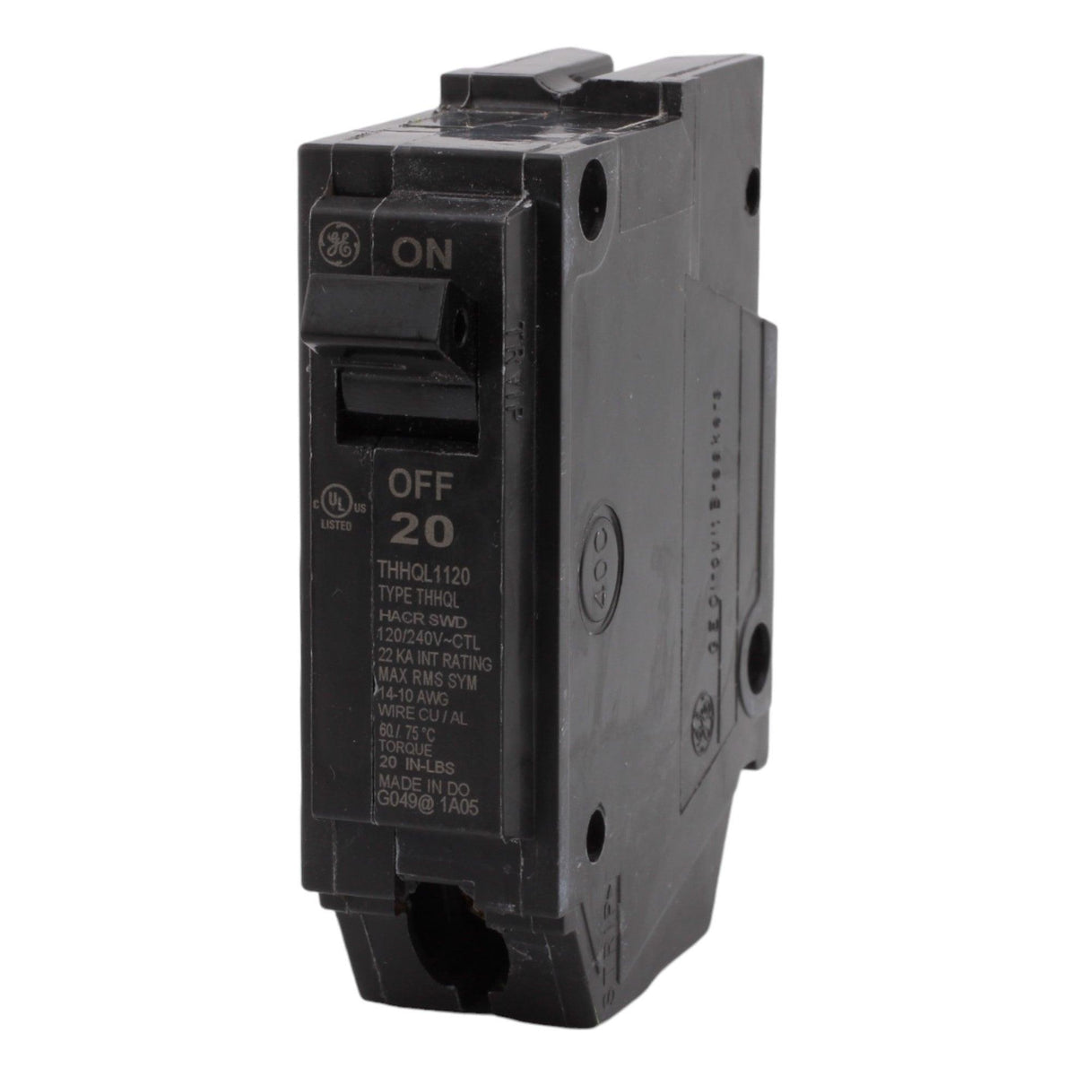 GE THHQL1120 20 Amp Single-Pole Circuit Breaker - 120/240V, 10kA, Plug-On, UL Listed