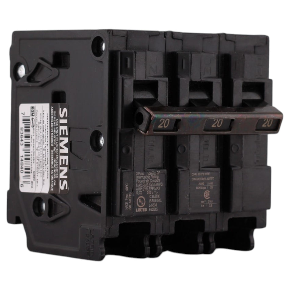 Siemens Q, Q320, 20A, 3P, 240V, Plug-In, Circuit Breaker
