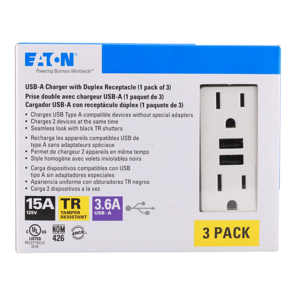 Eaton TR7765W-3-LW 15A 2P 125V USB 3.6A Charger TR Duplex Receptacle