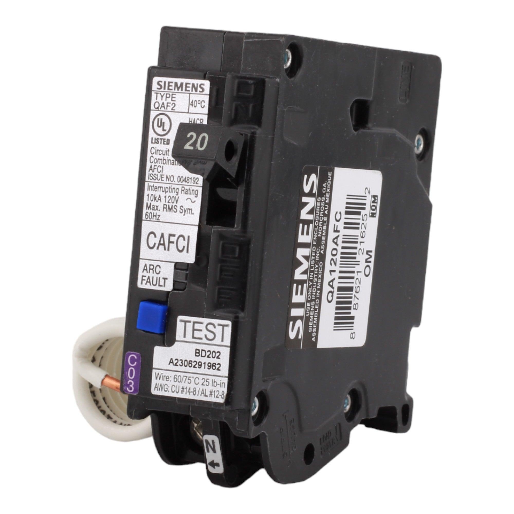 Siemens QA120AFC 20 Amp Single Pole 120V Pigtail-Neutral AFCI Arc Fault Circuit Breaker UL