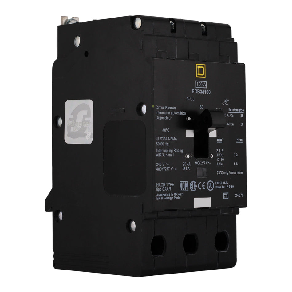 Square D E-Frame EDB34100 100A 3P 480Y/277V Thermal-Magnetic Bolt-On Circuit Breaker