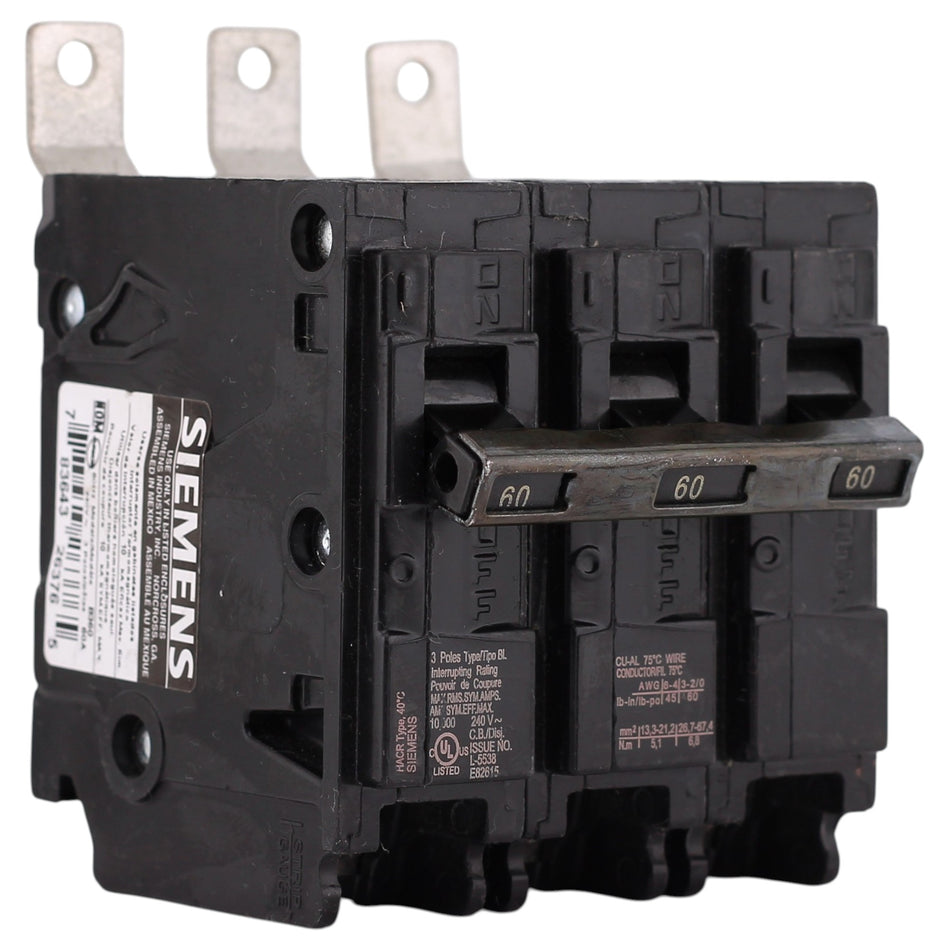 Siemens BL, B360, 60A, 3P, 240V, Thermal-Magnetic, Bolt-On, Circuit Breaker