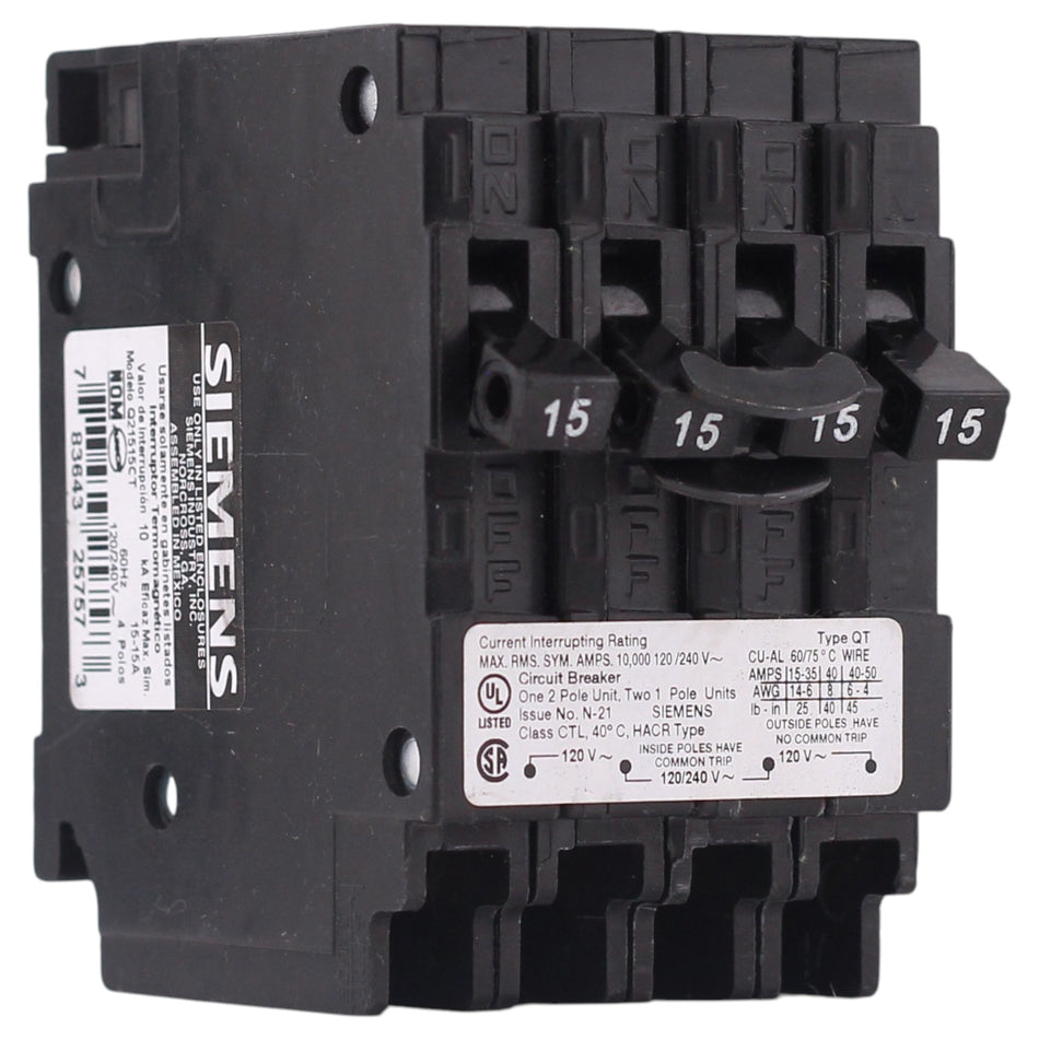 Siemens QT, Q21515CT, 15A, 3P, 120/240V, Triplex, Thermal-Magnetic, Circuit Breaker