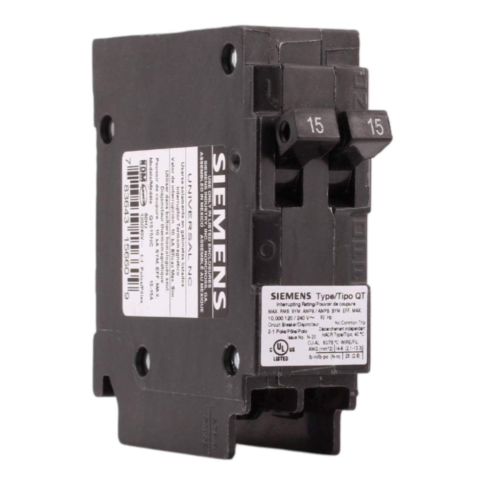 Siemens QT Q1515NC 15/15A 1P 120V Duplex Non-CTL Circuit Breaker