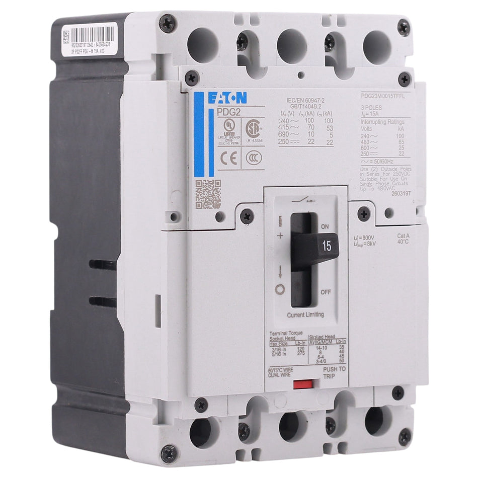Eaton Power Defense, PDG23M0015TFFL, 15A, 3P, 600V, 65kA, T-M, Load Only, Molded Case Circuit Breaker