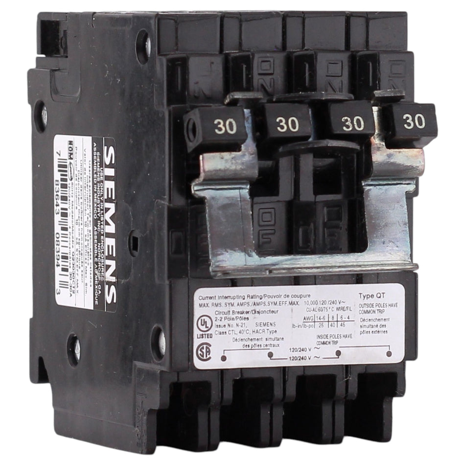 Siemens QT, Q23030CT2, 30A/30A, 2P, 120/240V, 10kA, Quadplex, Plug-In, Circuit Breaker