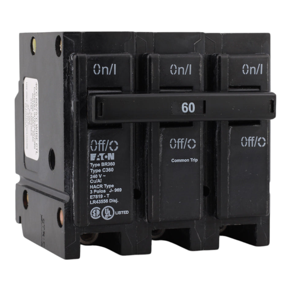 Eaton BR360, 60A, 240V, 3-Pole Thermal Magnetic Circuit Breaker, Plug-On, 10 kAIC, for Type BR Load Centers