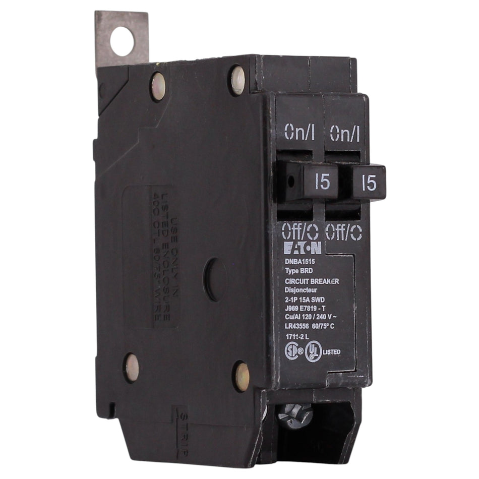 Eaton BAB, DNBA1515, 15A+15A, 2-Pole Tandem, 120/240V, 10kA, Bolt-On, Thermal-Magnetic, Circuit Breaker