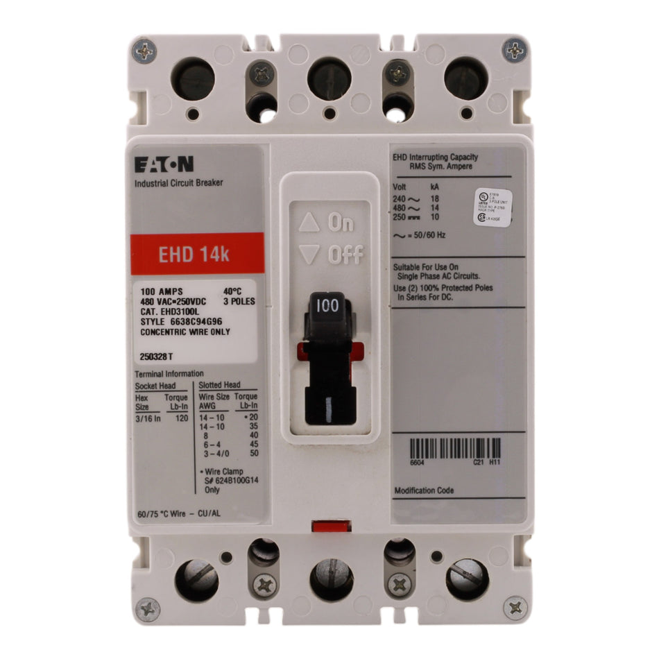 Eaton EHD EHD3100L 100A 3P 240/480V Molded Case Circuit Breaker