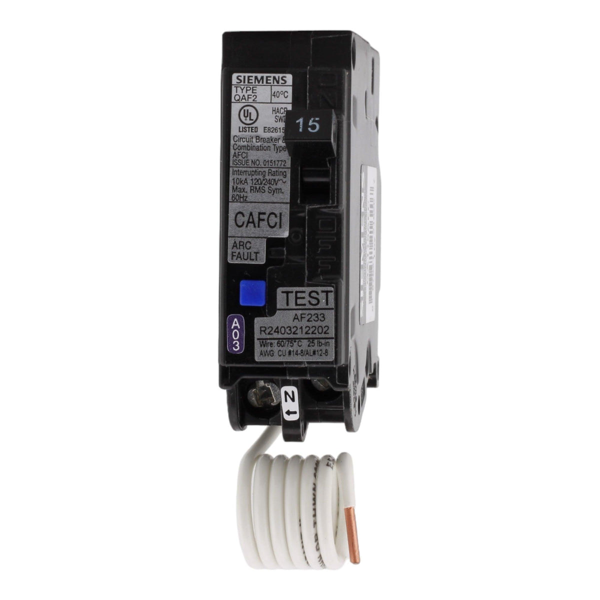 Siemens QA115AFC 15 Amp Single Pole Combination AFCI Circuit Breaker, 120V, Plug-In, 10 kAIC, UL Listed