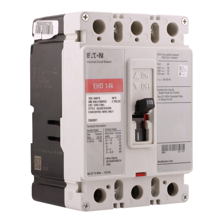 Eaton EHD EHD3100L 100A 3P 240/480V Molded Case Circuit Breaker