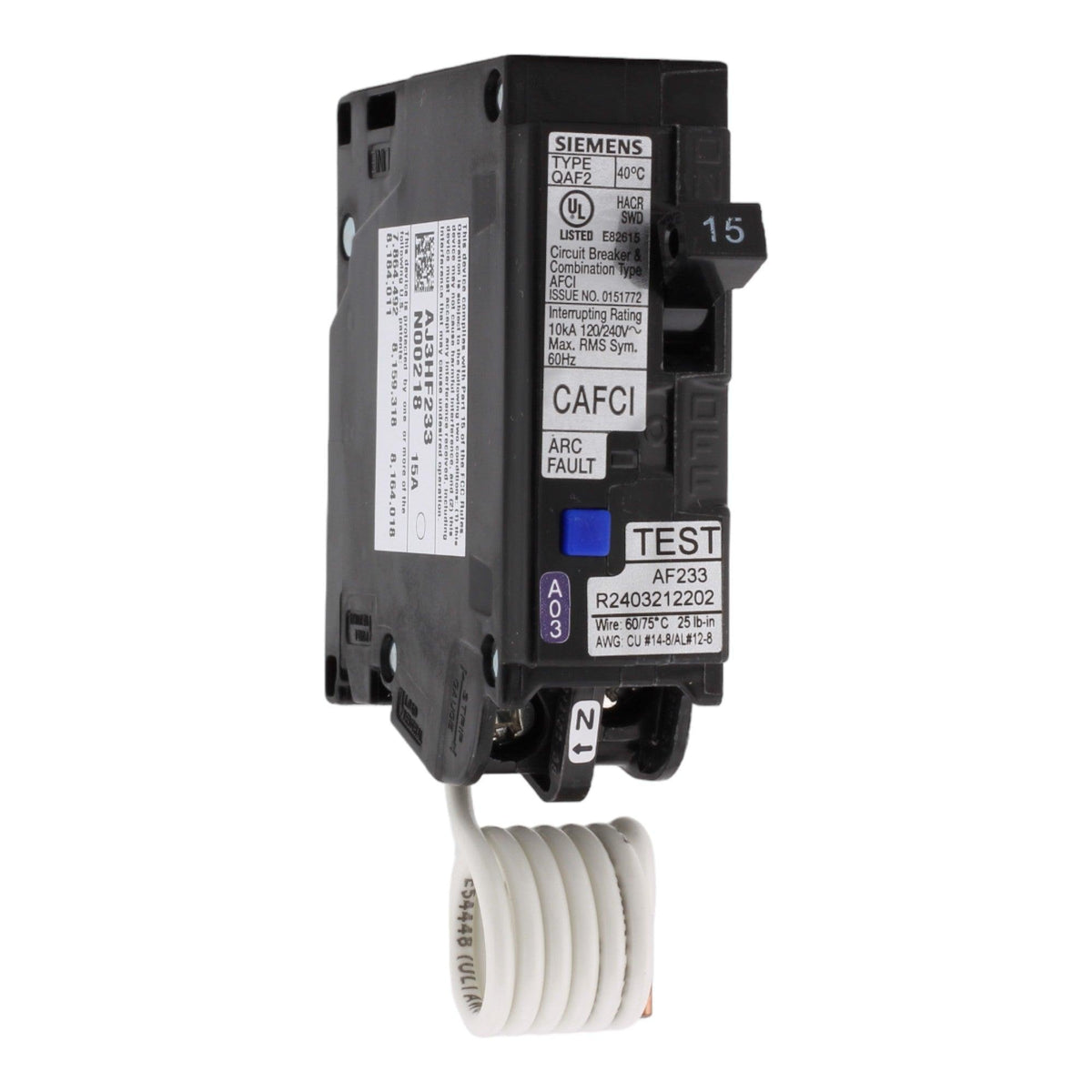 Siemens QA115AFC 15 Amp Single Pole Combination AFCI Circuit Breaker, 120V, Plug-In, 10 kAIC, UL Listed