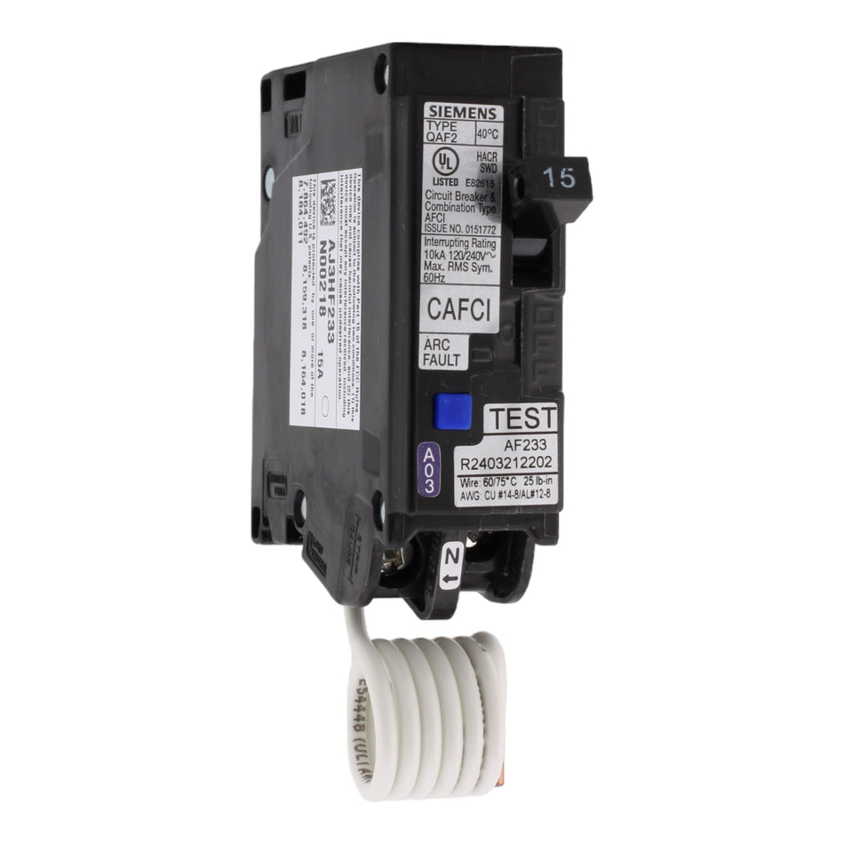 Siemens QA115AFCP 15 Amp Single Pole Combination AFCI Circuit Breaker, 120V, Plug-In, 10 kAIC, UL Listed