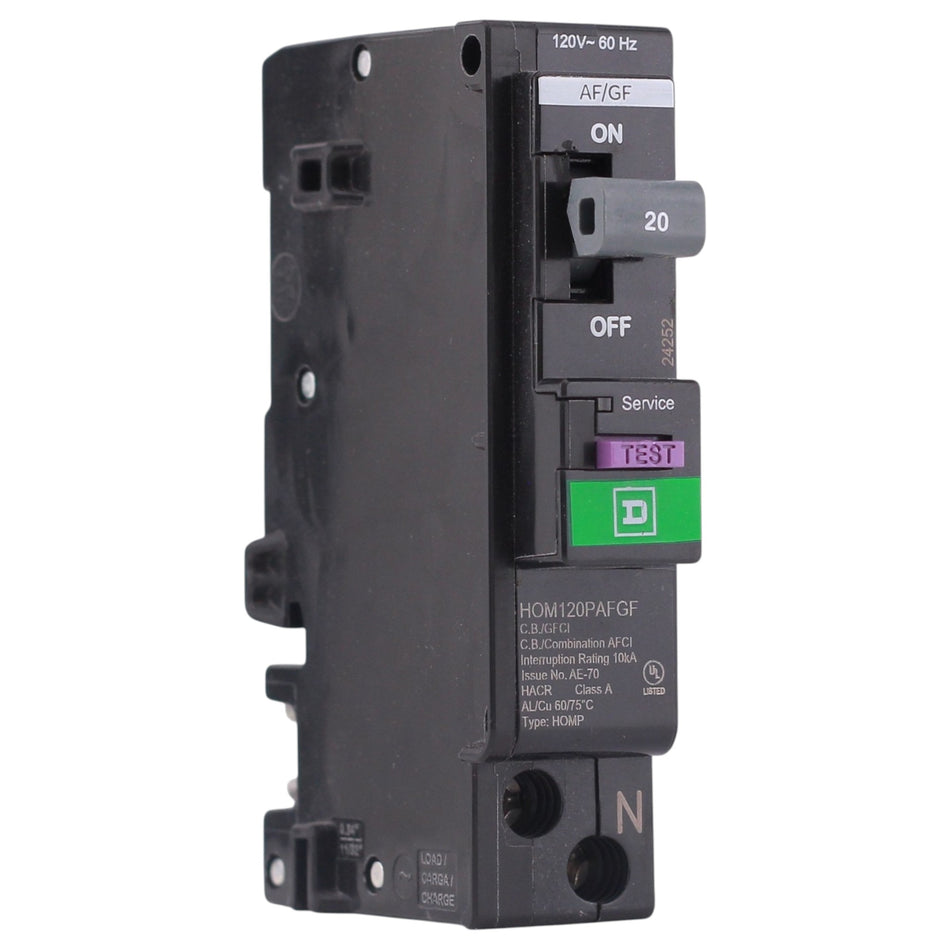 Square D HOM, HOM120PAFGF, 20A, 1P, 120V, AFCI/GFCI, Plug-On Neutral, Circuit Breaker