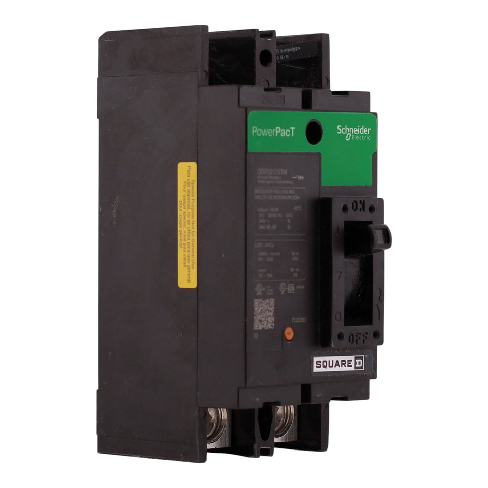 Square D PowerPacT Q, QBP22175TM, 175A, 2P, 240V, 10kA, Unit Mount, Lug/Stud, Bottom Feed, 80%, MCCB