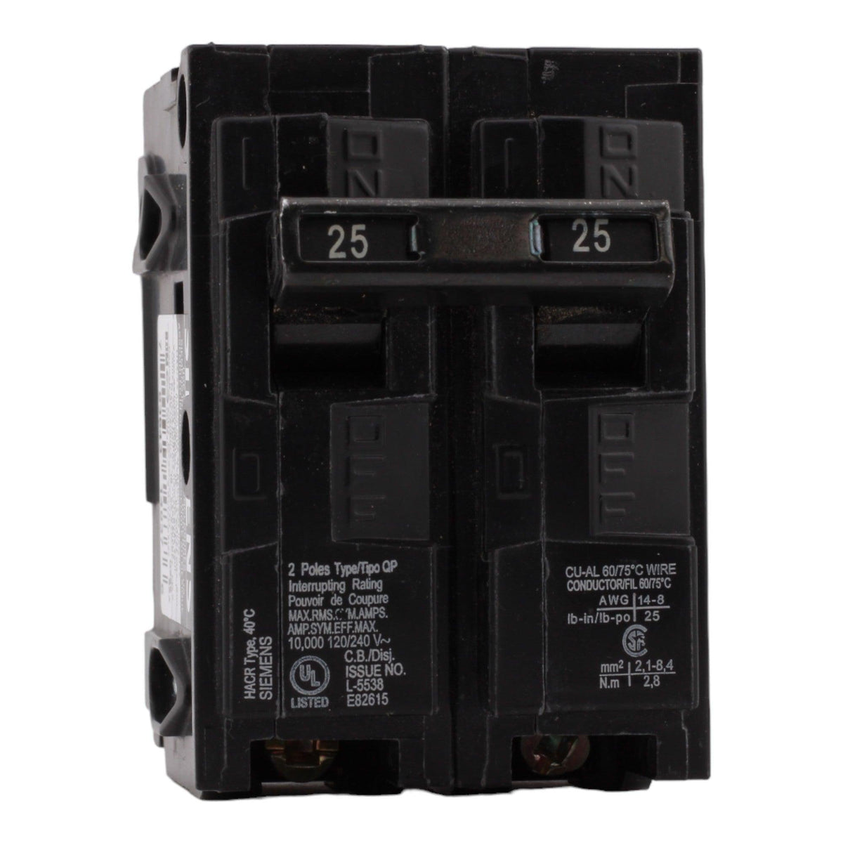 Siemens Q225 25 Amp Double Pole 240V Plug-In Standard Trip Circuit Breaker UL