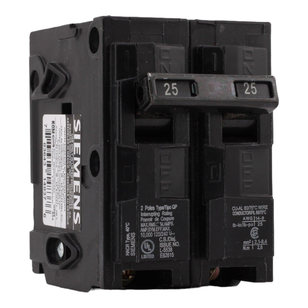 Siemens Q225 25 Amp Double Pole 240V Plug-In Standard Trip Circuit Breaker UL