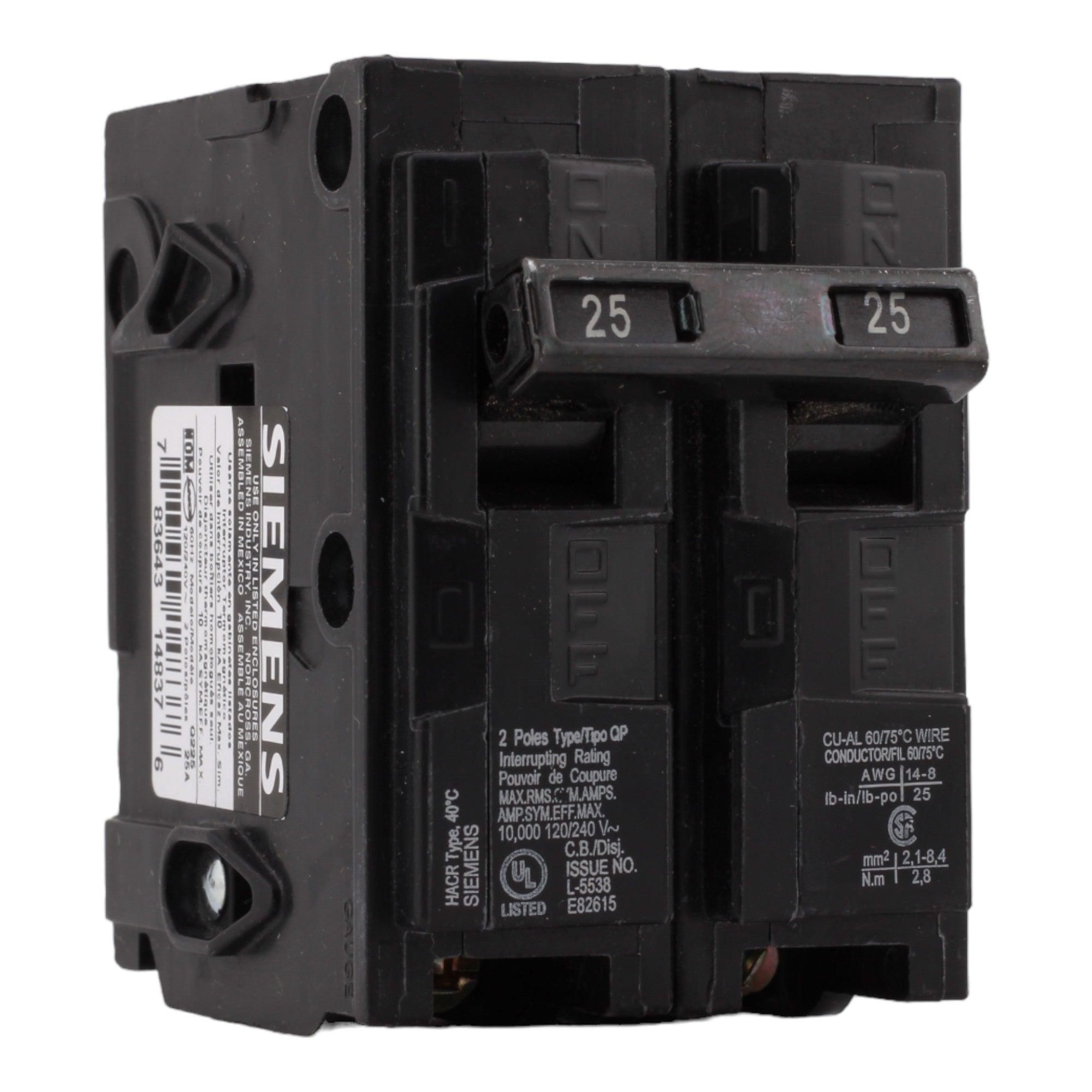 Siemens Q225 25 Amp Double Pole 240V Plug-In Standard Trip Circuit Breaker UL