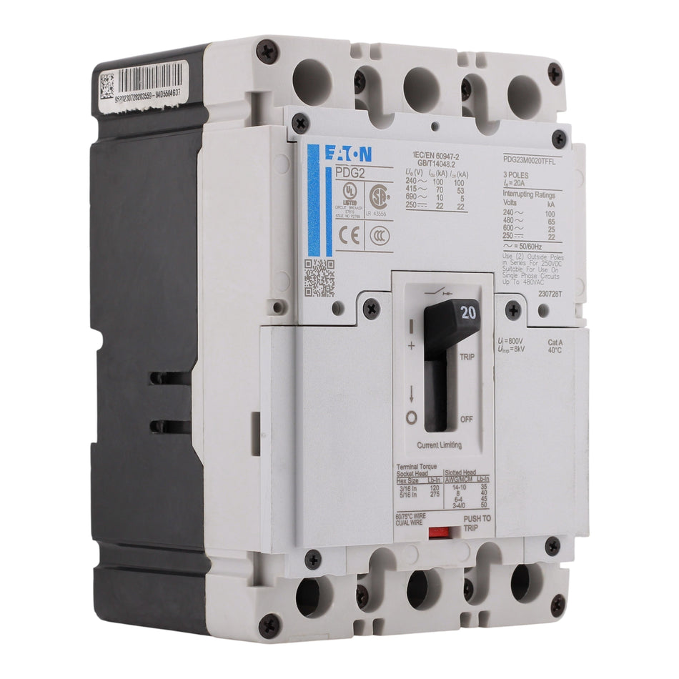 Eaton Power Defense PDG23M0020TFFL 20A 3P 600V 65kA Thermal-Magnetic Molded Case Circuit Breaker