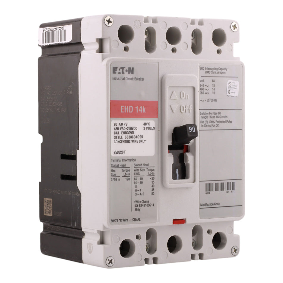 Eaton EHD EHD3090L 90A 3P 240/480V Molded Case Circuit Breaker