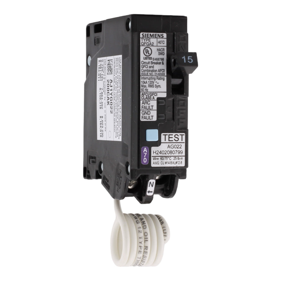 Siemens Q115DFP 15 Amp Single Pole 120V Pigtail-Neutral AFCI/GFCI Dual Function Circuit Breaker UL