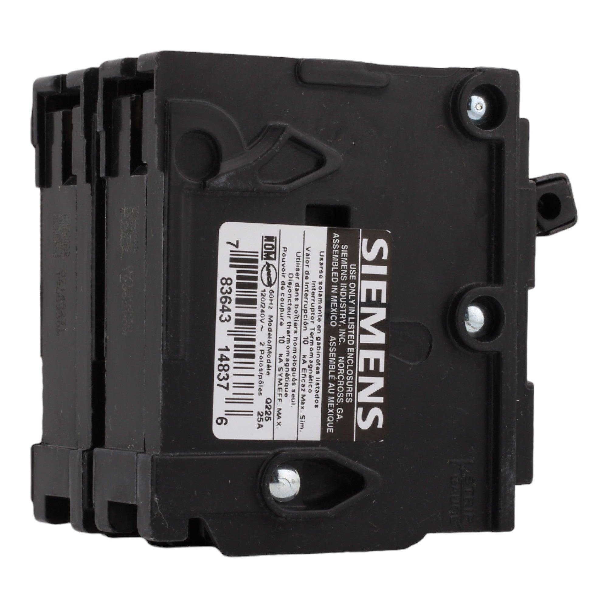 Siemens Q225 25 Amp Double Pole 240V Plug-In Standard Trip Circuit Breaker UL