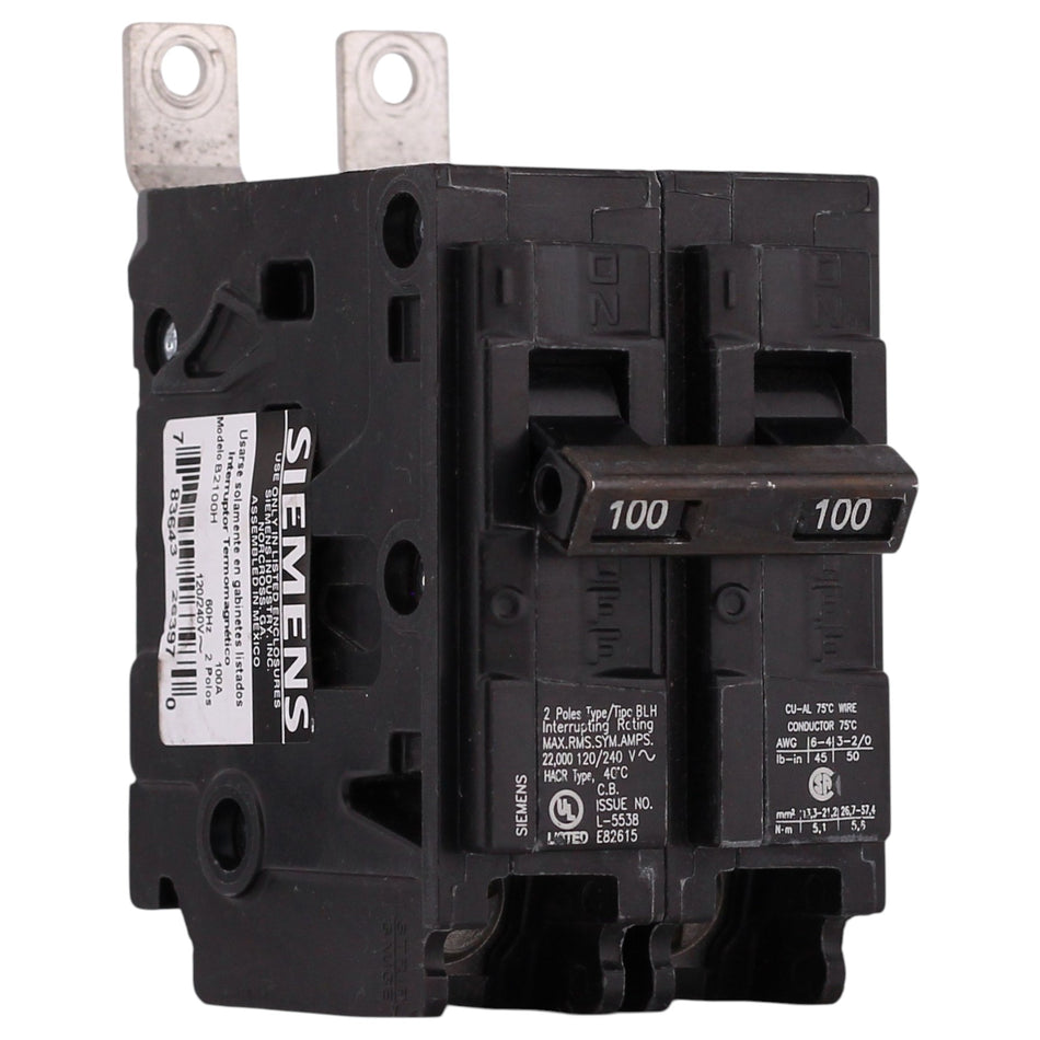 Siemens BLH, B2100H, 100A, 2P, 120/240V, 22kA, Bolt-On, Thermal-Magnetic, Circuit Breaker