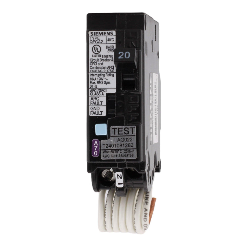 Siemens Q120DF 20 Amp Single Pole 120V Pigtail-Neutral AFCI/GFCI Dual ...