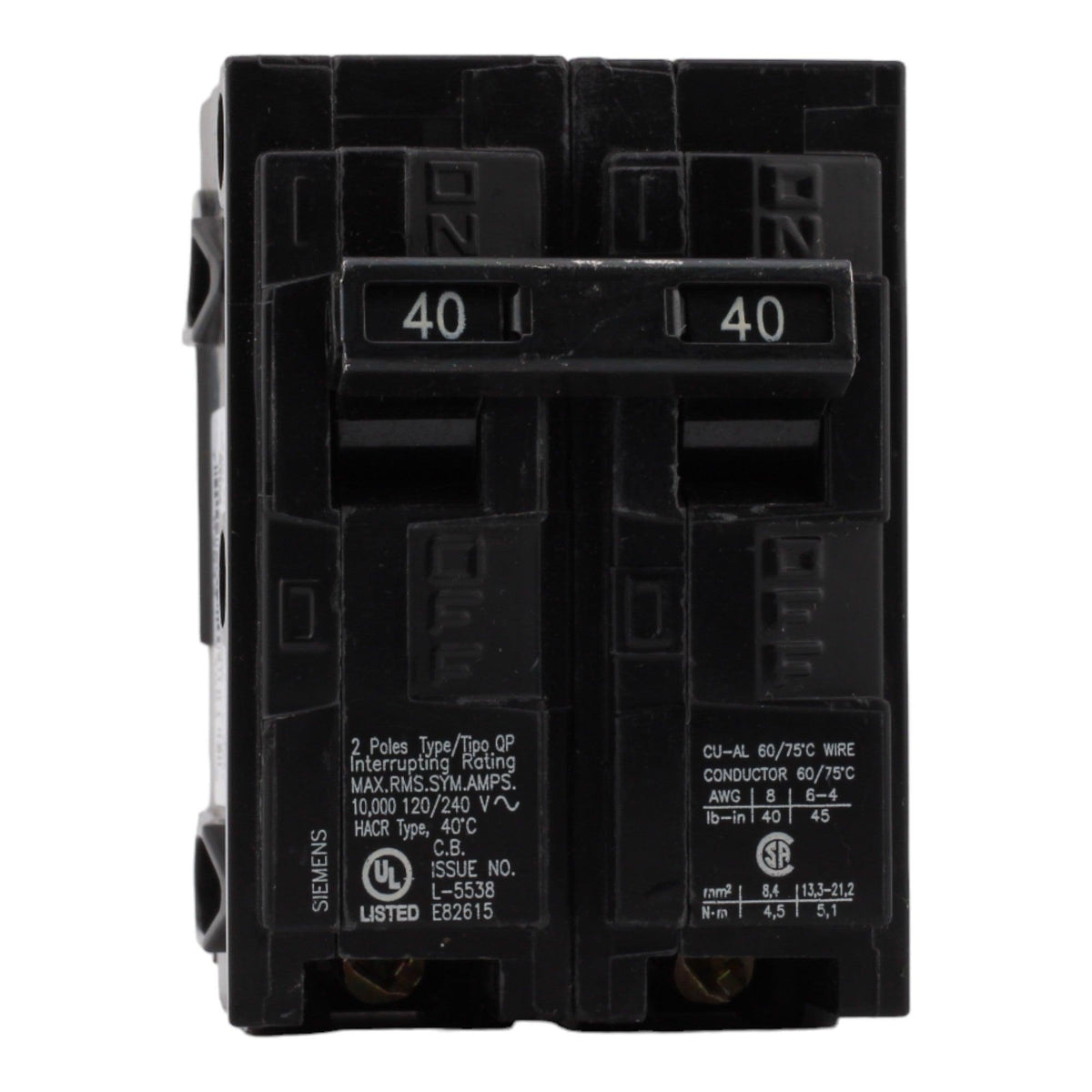 Siemens Q240 40 Amp Double Pole Circuit Breaker, Thermal Magnetic Trip, 120/240V, Plug-In, UL Listed