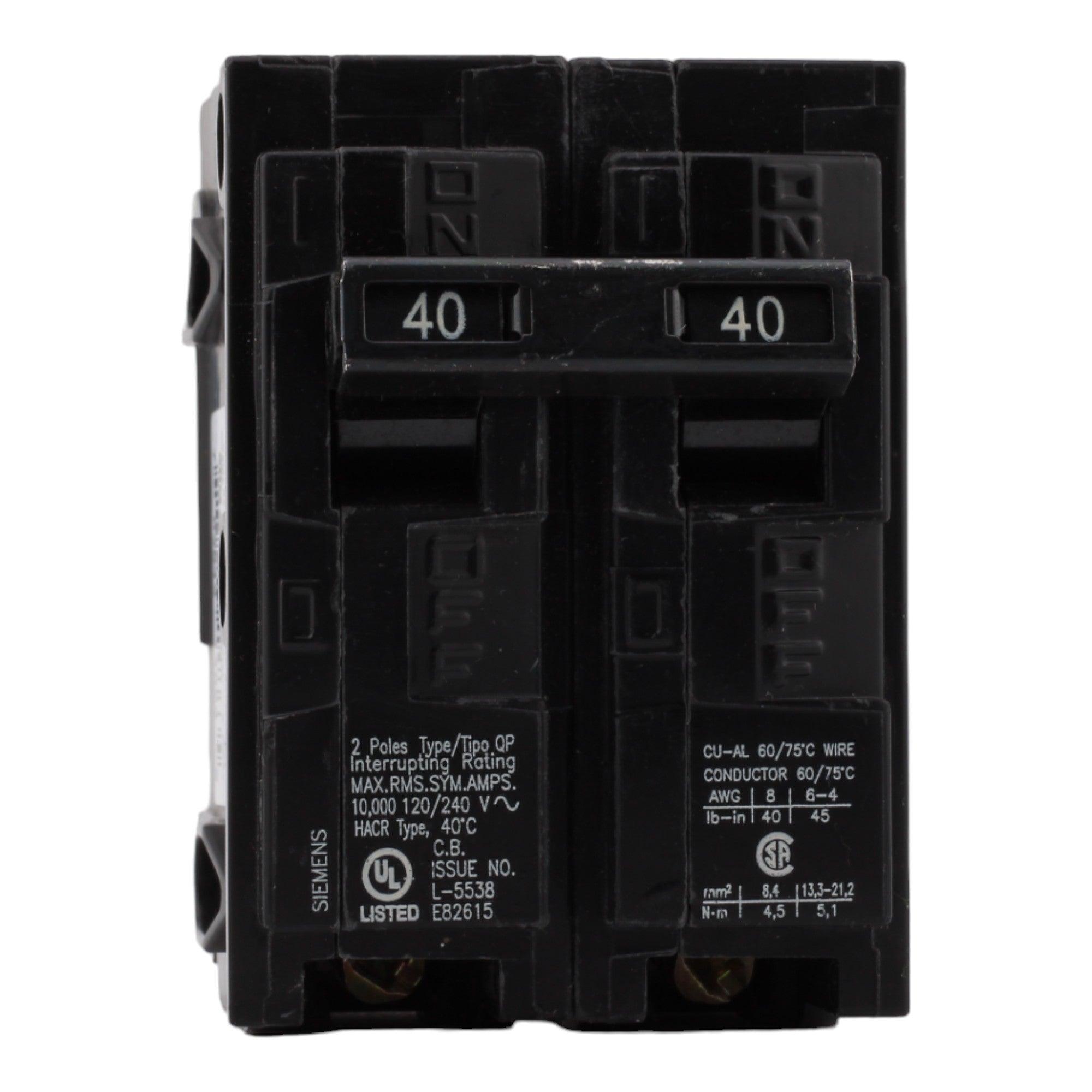 Siemens Q240 40 Amp Double Pole Circuit Breaker, Thermal Magnetic Trip, 120/240V, Plug-In, UL Listed