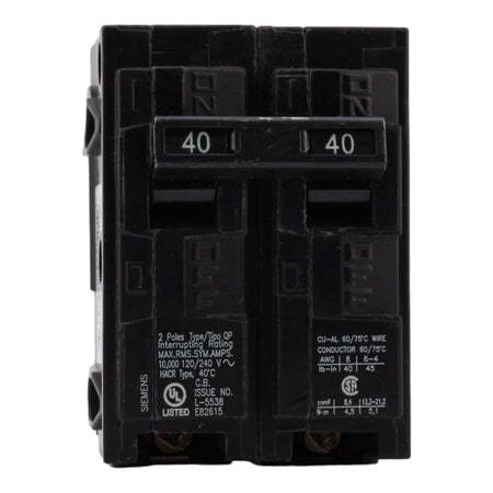 Siemens Q240 40 Amp Double Pole Circuit Breaker, Thermal Magnetic Trip, 120/240V, Plug-In, UL Listed