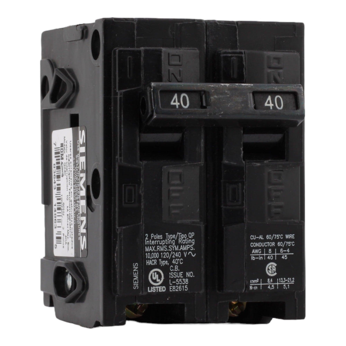 Siemens Q240 40 Amp Double Pole Circuit Breaker, Thermal Magnetic Trip, 120/240V, Plug-In, UL Listed