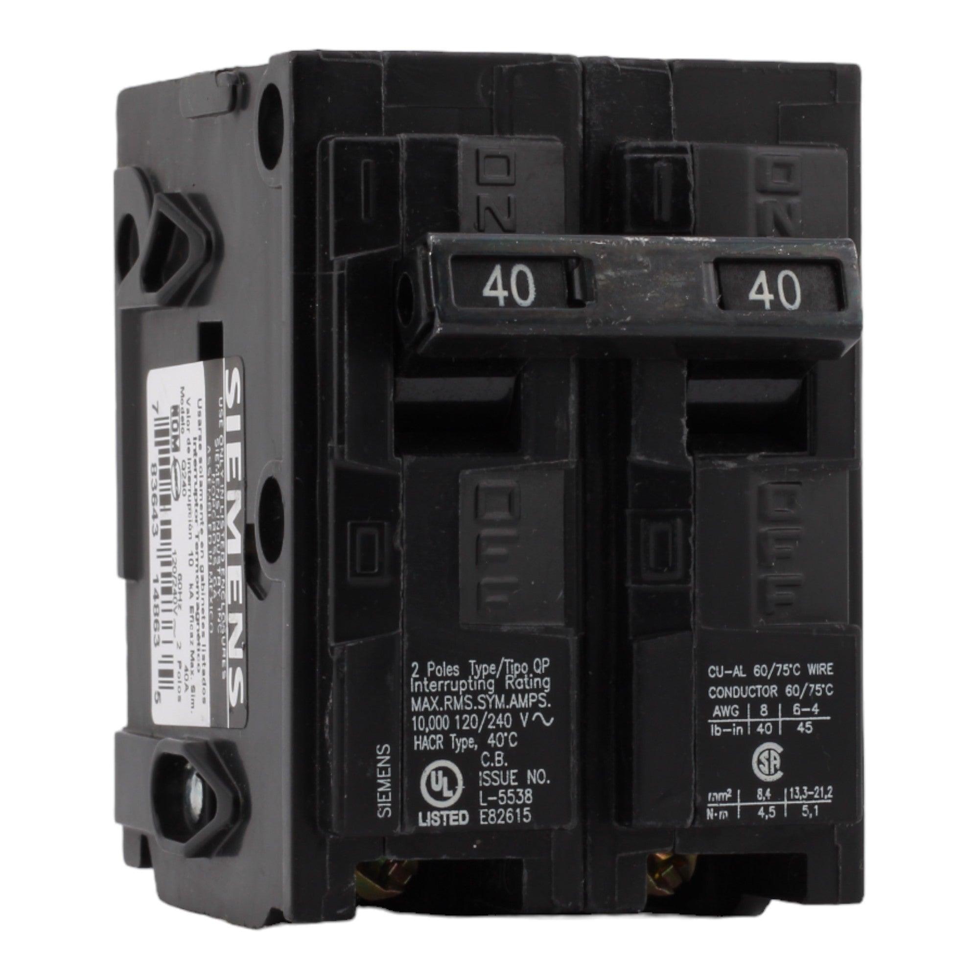 Siemens Q240 40 Amp Double Pole Circuit Breaker, Thermal Magnetic Trip, 120/240V, Plug-In, UL Listed