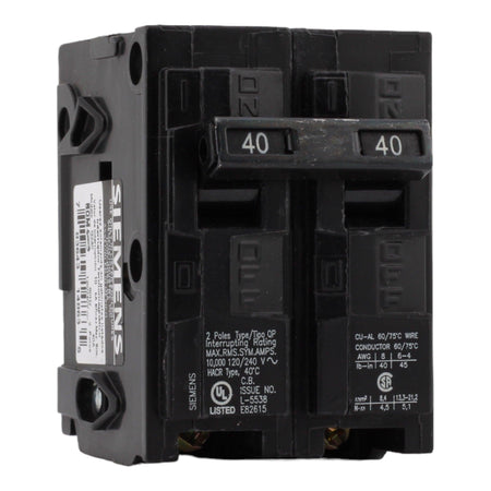Siemens Q240 40 Amp Double Pole Circuit Breaker, Thermal Magnetic Trip, 120/240V, Plug-In, UL Listed