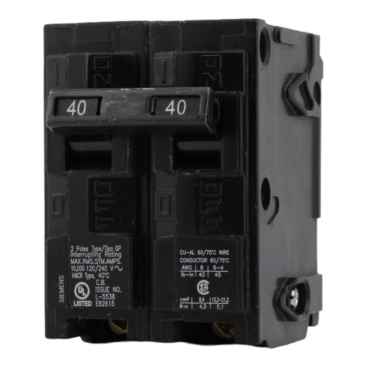 Siemens Q240 40 Amp Double Pole Circuit Breaker, Thermal Magnetic Trip, 120/240V, Plug-In, UL Listed