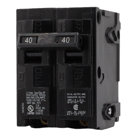 Siemens Q240 40 Amp Double Pole Circuit Breaker, Thermal Magnetic Trip, 120/240V, Plug-In, UL Listed