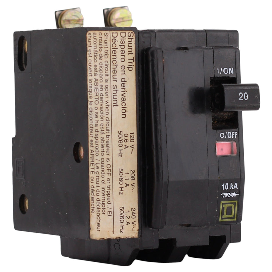 Square D QOB, QOB2201021, 20A, 2P, 120/240V, Shunt Trip Bolt-On Circuit Breaker