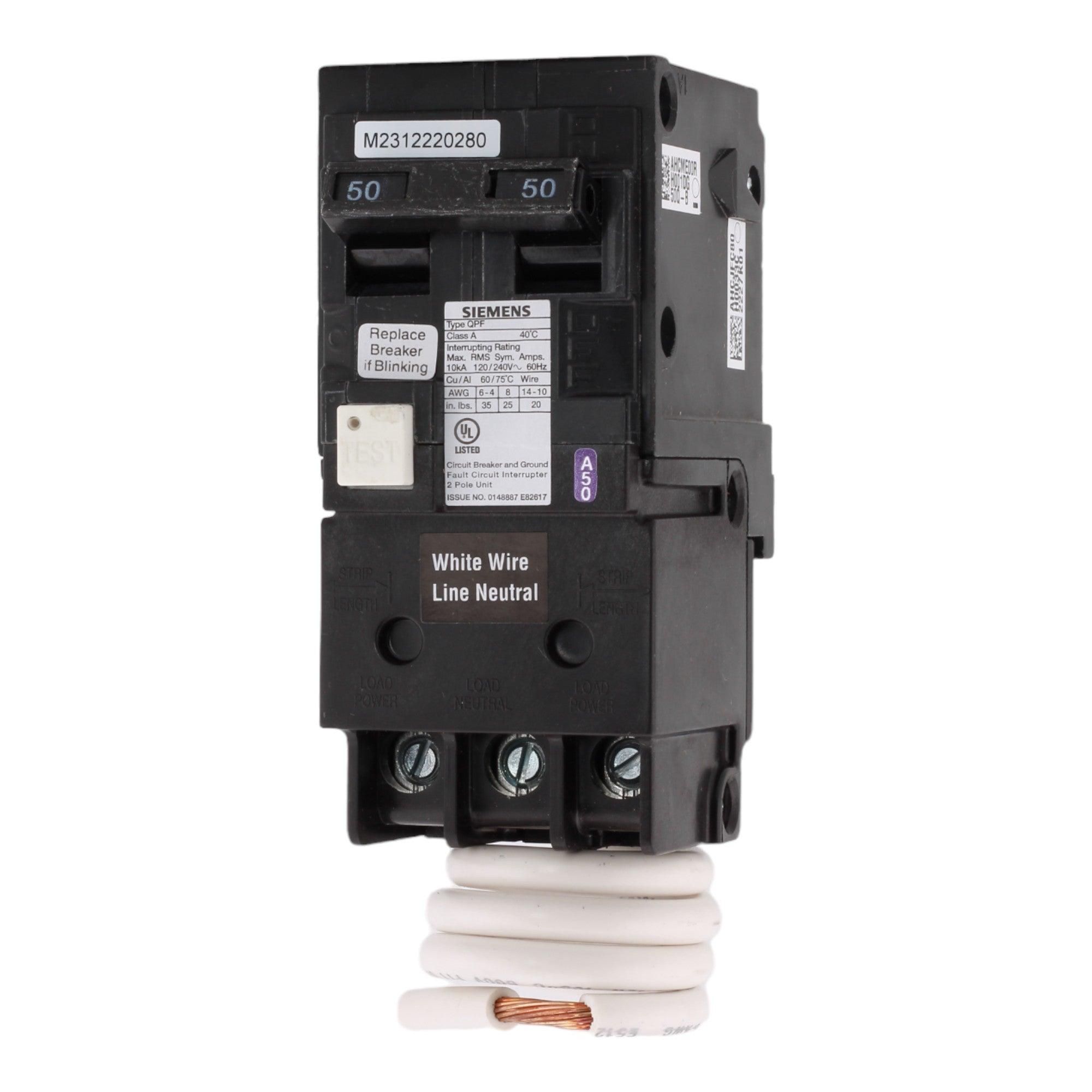 Siemens QF250A 50 Amp Double Pole 240V Pigtail-Neutral GFCI Ground Fault Circuit Breaker UL