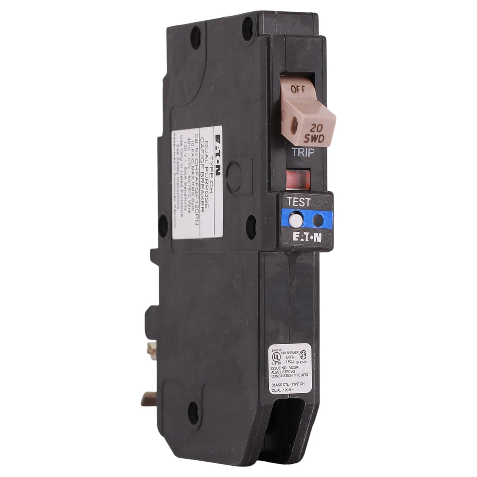 Eaton CH, CHFAFGF120PN, 20A, 1P, 120V, AFCI/GFCI, Plug-On Neutral, Circuit Breaker