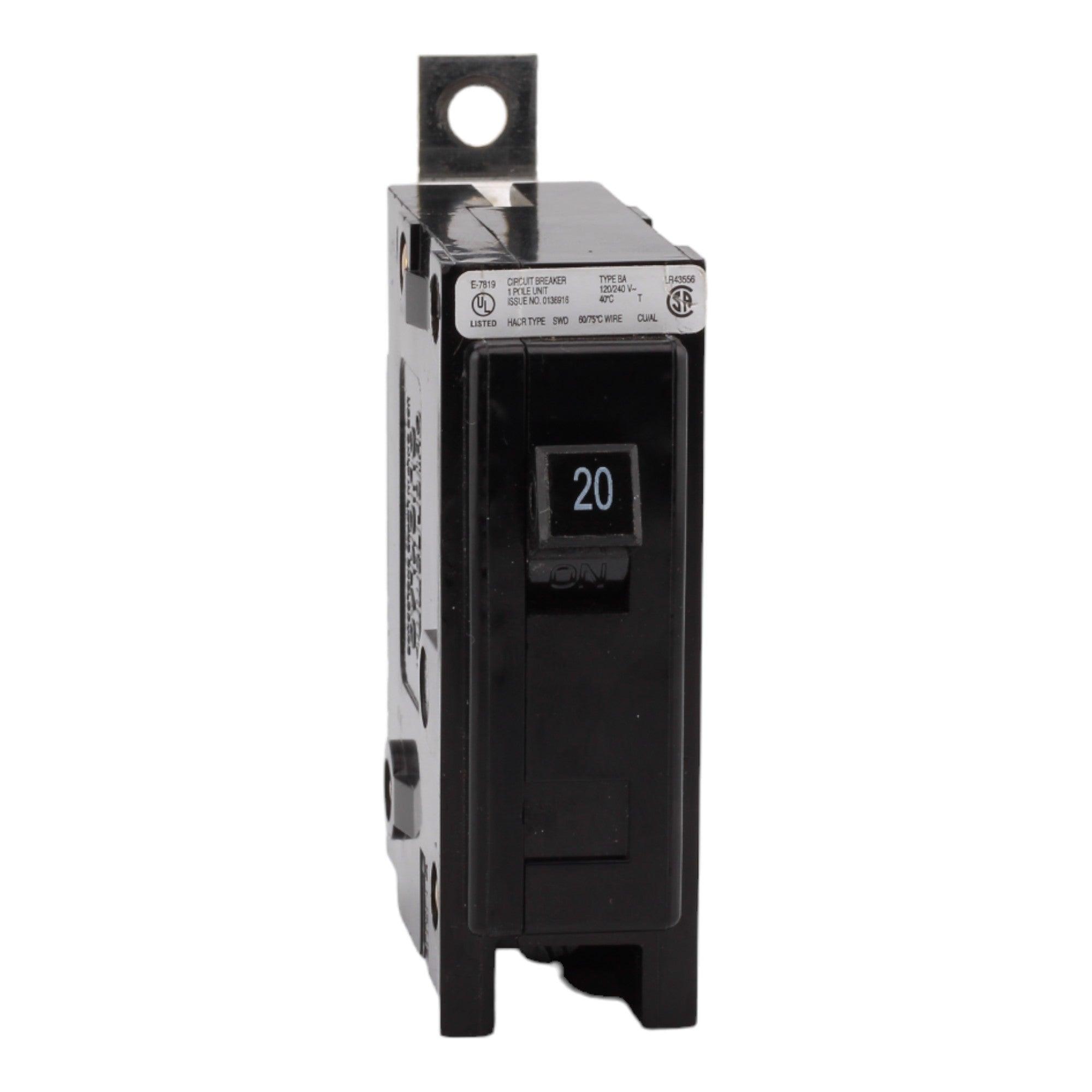 Eaton BAB1020 20 Amp Single Pole Circuit Breaker - Standard Trip, 120/240V, Bolt-On, UL Listed